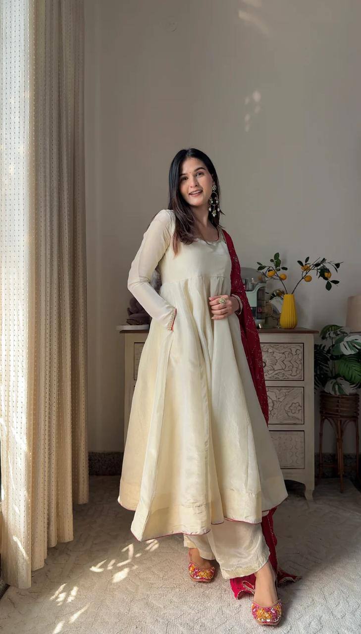 Ivory Silk Anarkali Kurta Set with Bandhani Dupatta