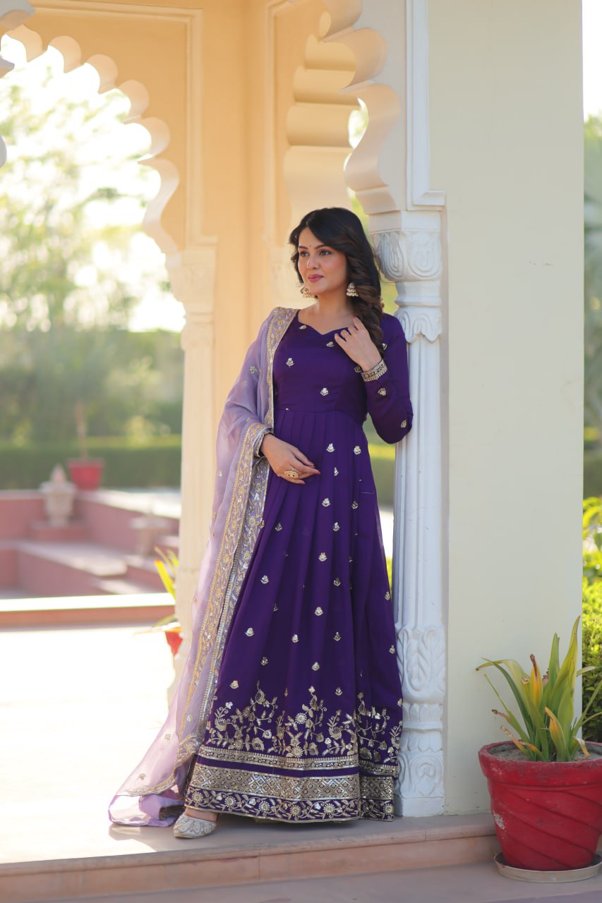 Classic Purple Embroidered Anarkali Dress for Women