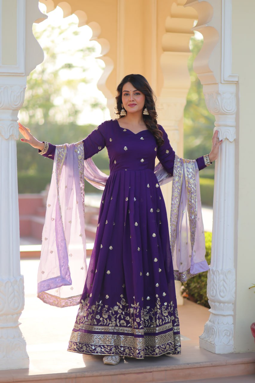 Classic Purple Embroidered Anarkali Dress for Women