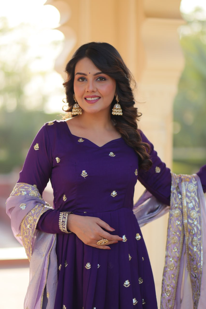 Classic Purple Embroidered Anarkali Dress for Women