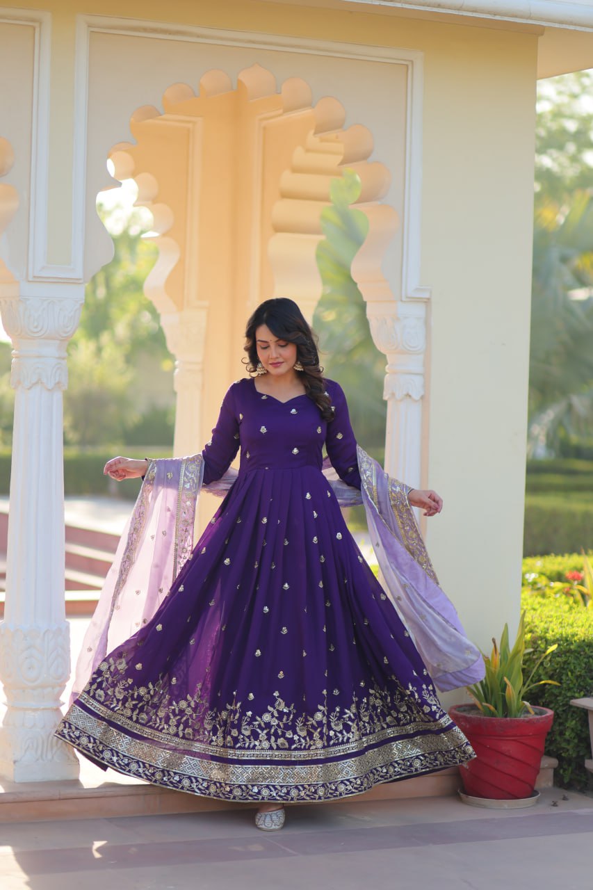 Classic Purple Embroidered Anarkali Dress for Women