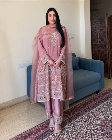 Premium Rose Pink Kurta Pant Set with Heavy Embroidery