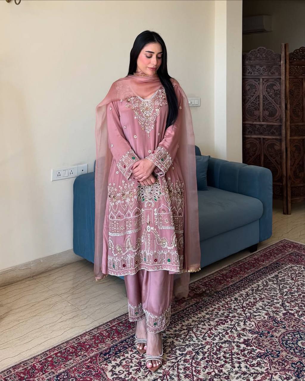 Premium Rose Pink Kurta Pant Set with Heavy Embroidery