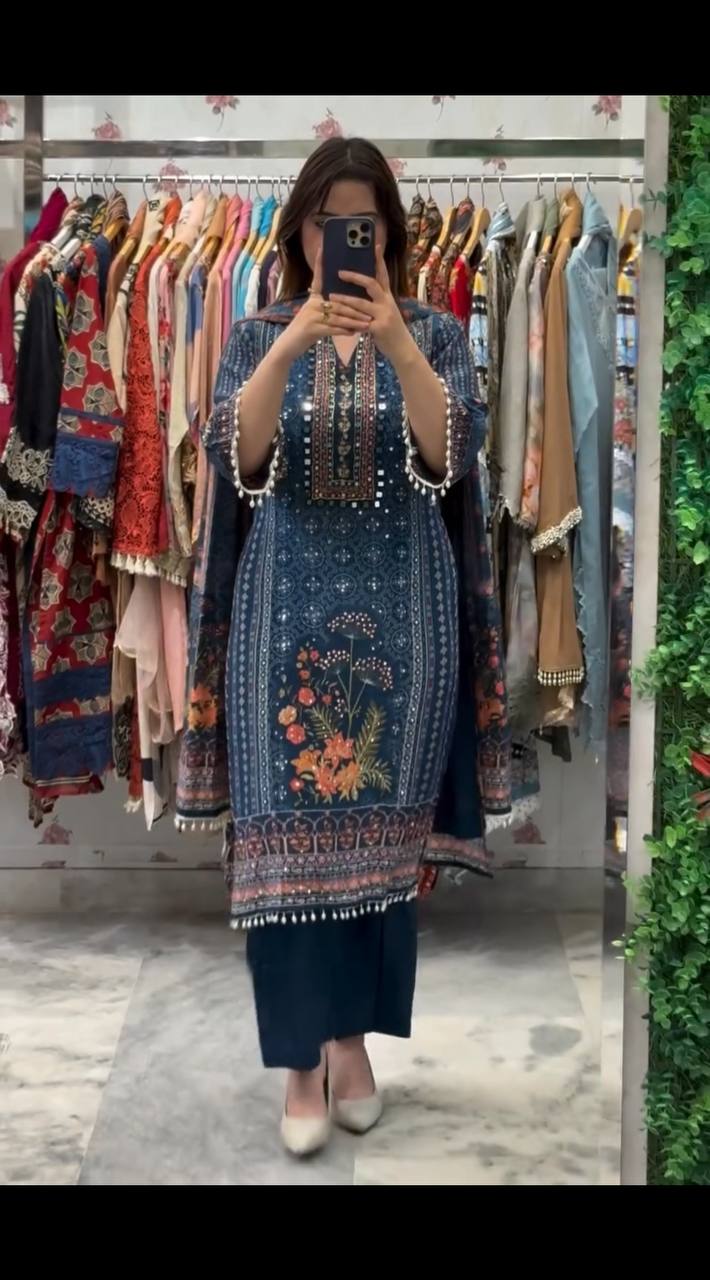 Elegant Blue Floral Printed Cotton Suit Set with Dupatta For Women