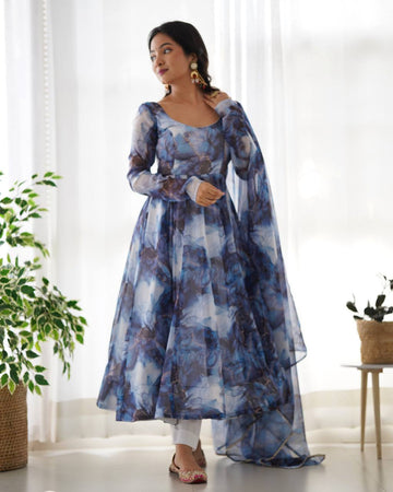 Beautiful Navy Blue Digital Printed Organza Anarkali Suit