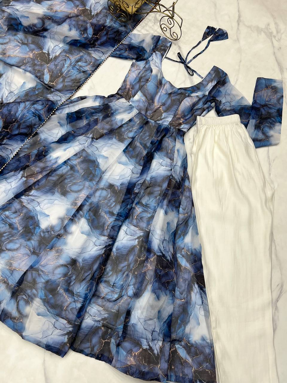 Beautiful Navy Blue Digital Printed Organza Anarkali Suit