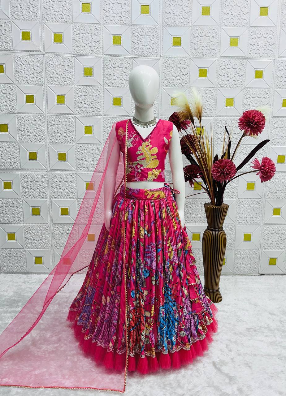 Vibrant Pink Printed Lehenga Choli with Embroidered Blouse & Net Dupatta