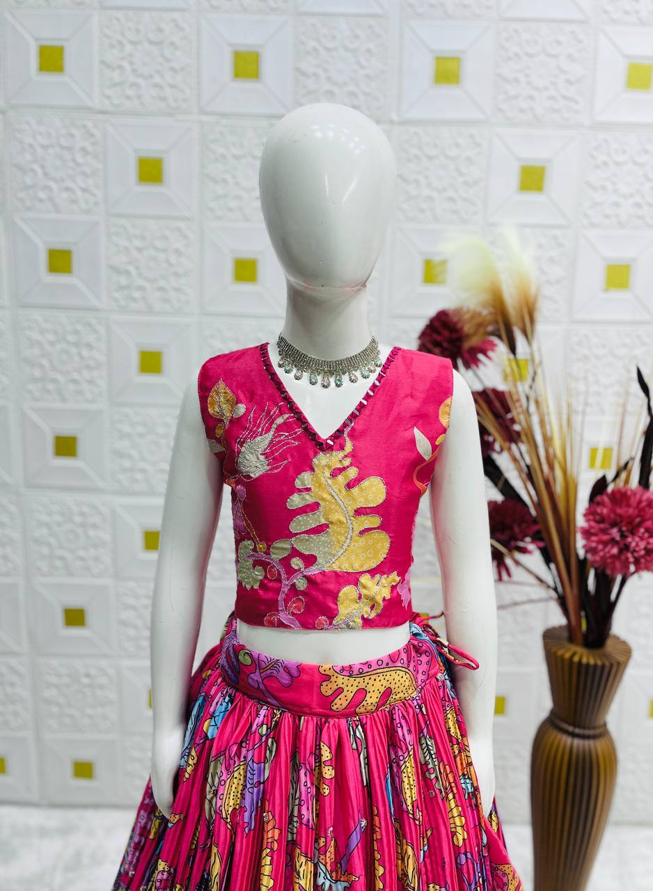 Vibrant Pink Printed Lehenga Choli with Embroidered Blouse & Net Dupatta