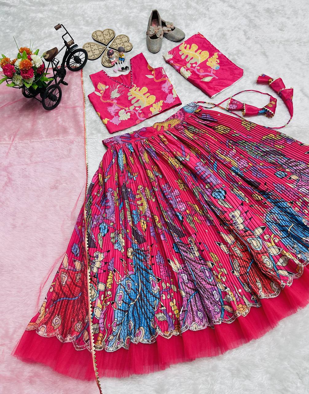 Vibrant Pink Printed Lehenga Choli with Embroidered Blouse & Net Dupatta