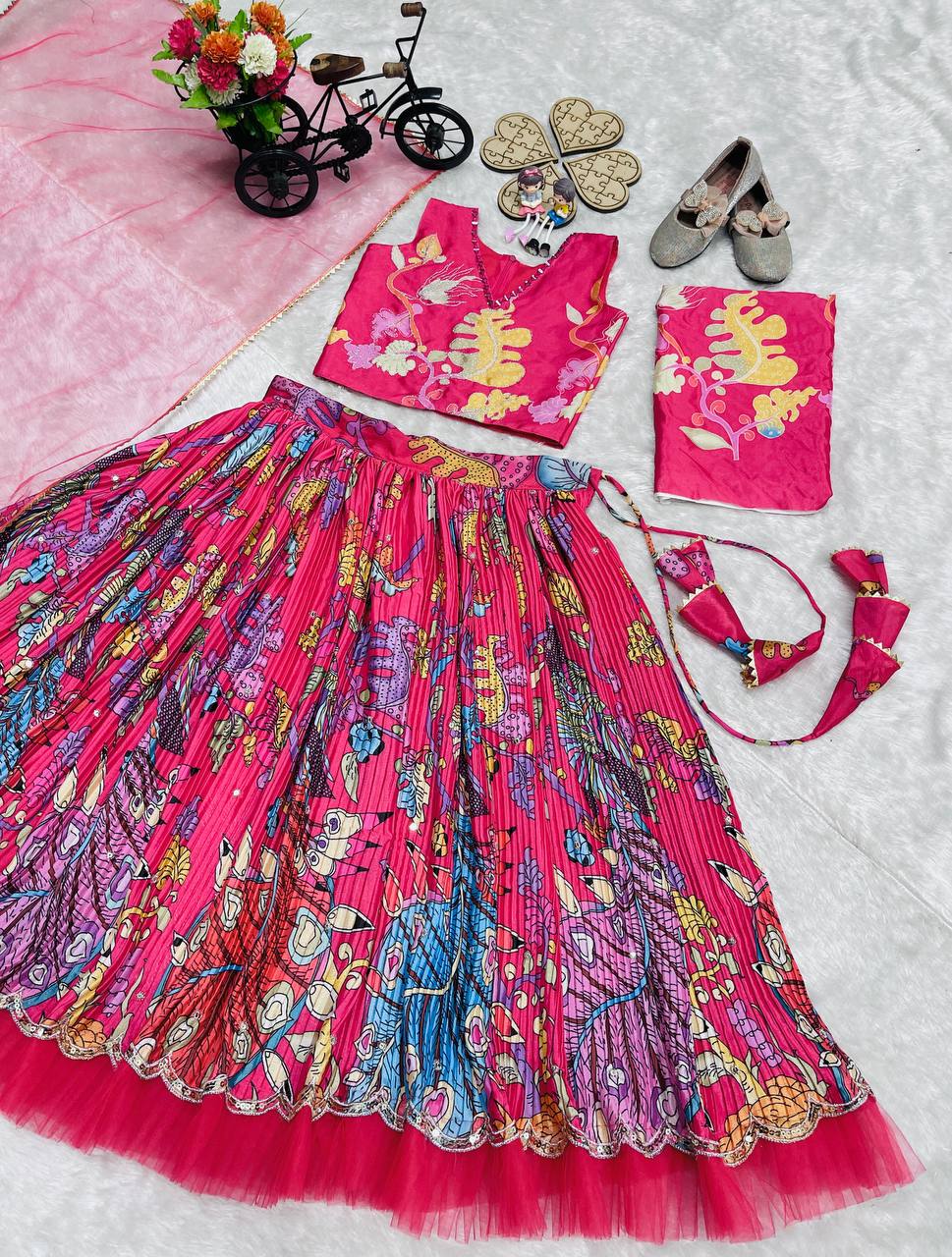 Vibrant Pink Printed Lehenga Choli with Embroidered Blouse & Net Dupatta