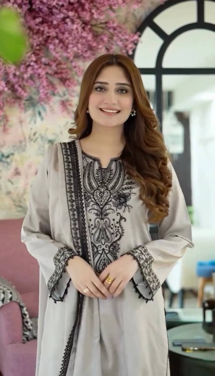 Stylish Grey Embroidered Kurta Pant with Matching Dupatta For Women