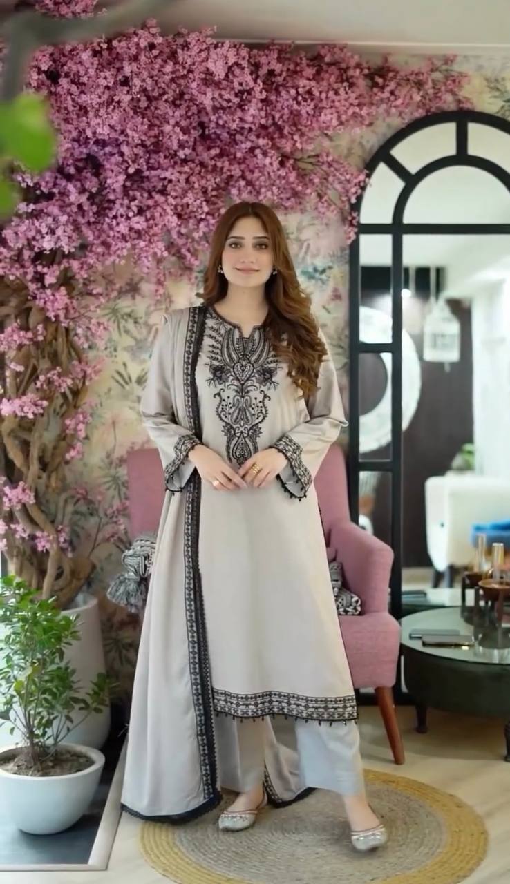 Stylish Grey Embroidered Kurta Pant with Matching Dupatta For Women