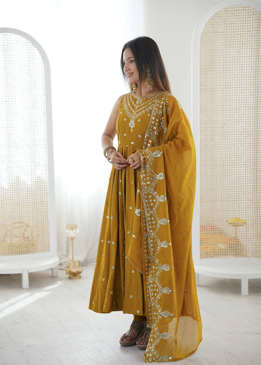 Mustard Yellow Embroidered Anarkali Kurta Set with Dupatta For Festive Wear