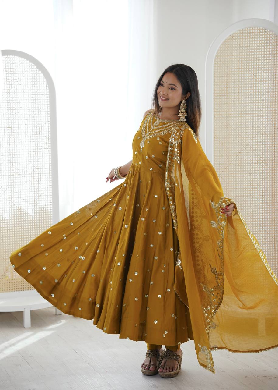 Mustard Yellow Embroidered Anarkali Kurta Set with Dupatta For Festive Wear