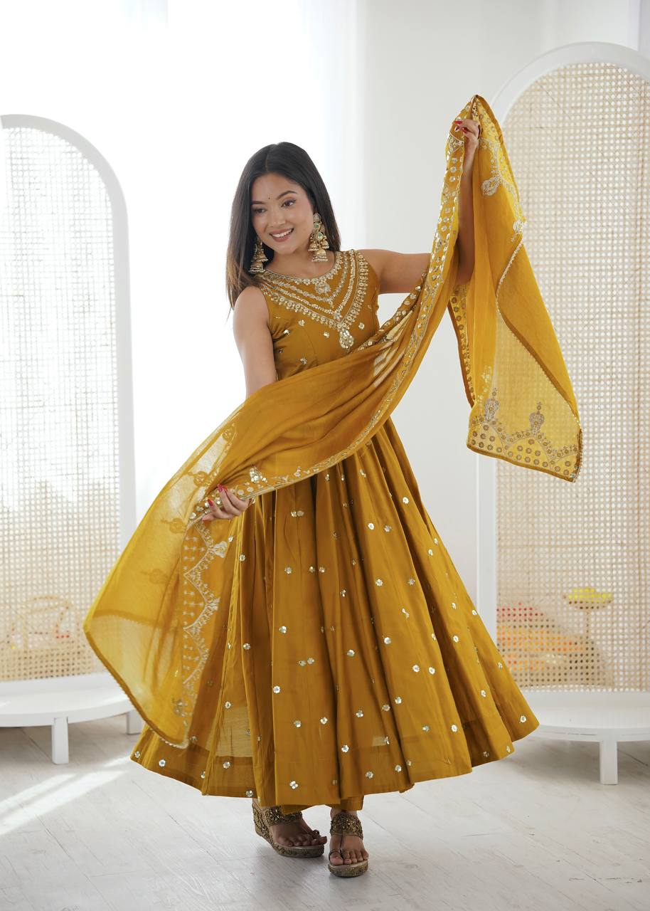 Mustard Yellow Embroidered Anarkali Kurta Set with Dupatta For Festive Wear