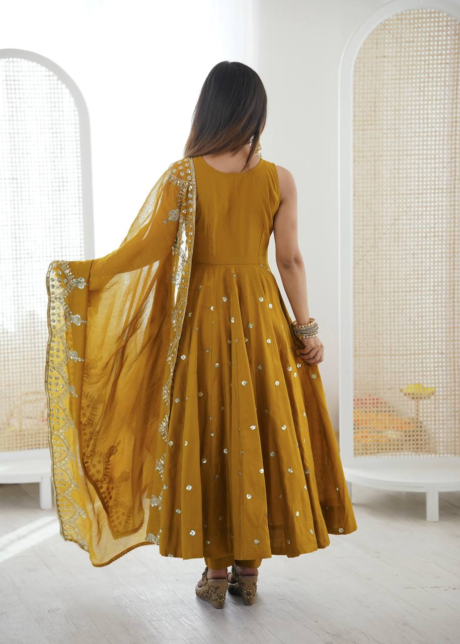 Mustard Yellow Embroidered Anarkali Kurta Set with Dupatta For Festive Wear