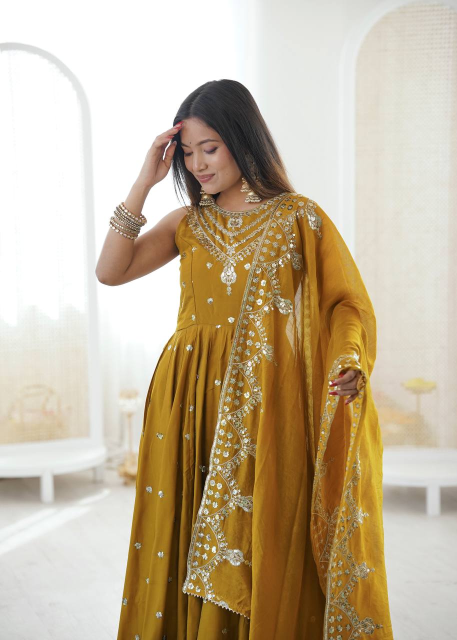 Mustard Yellow Embroidered Anarkali Kurta Set with Dupatta For Festive Wear