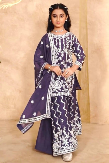 Festive Purple Heavy Thread Embroidery Plazzo Set For Kids