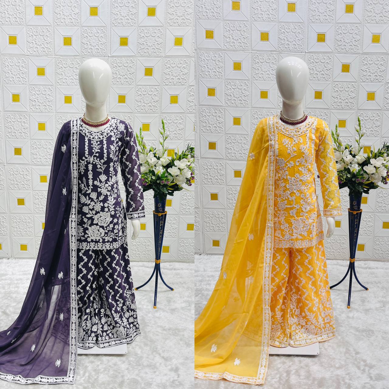 Festive Purple Heavy Thread Embroidery Plazzo Set For Kids