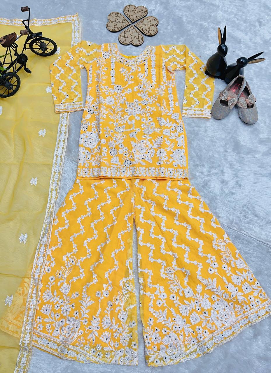 Festive Purple Heavy Thread Embroidery Plazzo Set For Kids