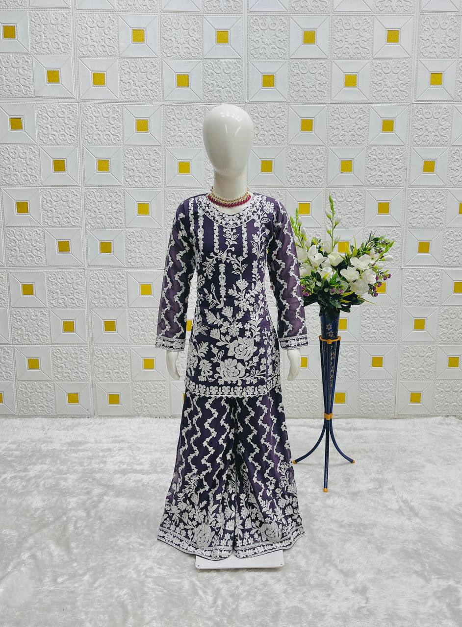 Festive Purple Heavy Thread Embroidery Plazzo Set For Kids