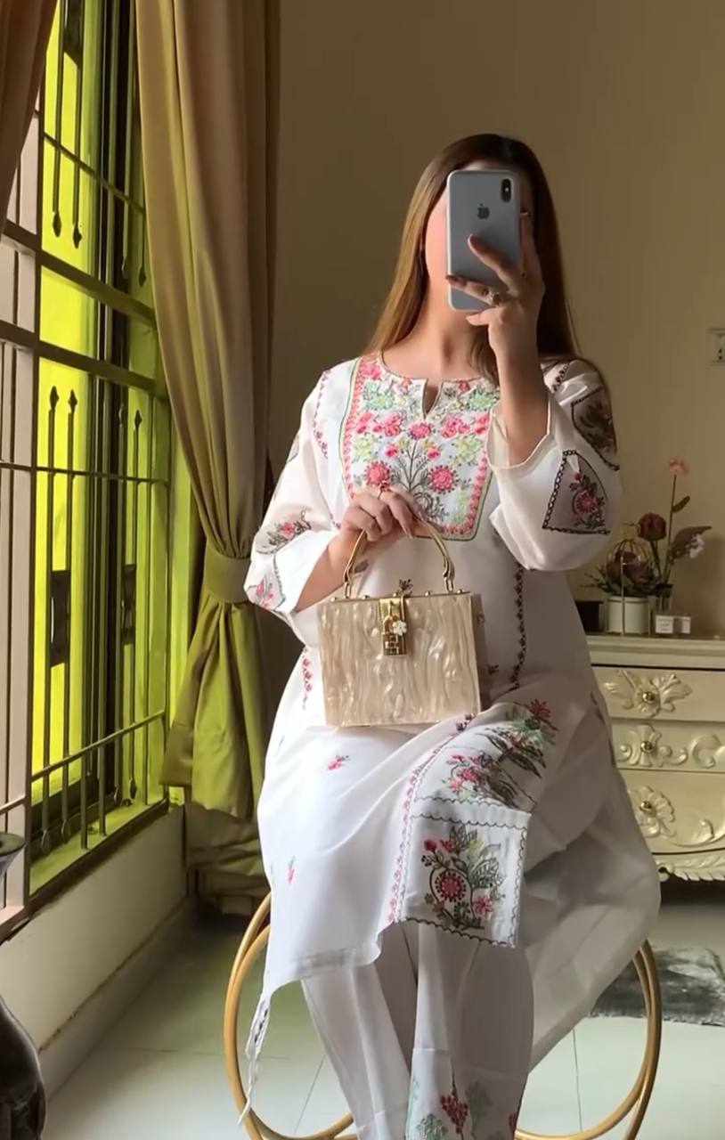 Summer Fresh White Suit Set with Pink & Green Embroidery