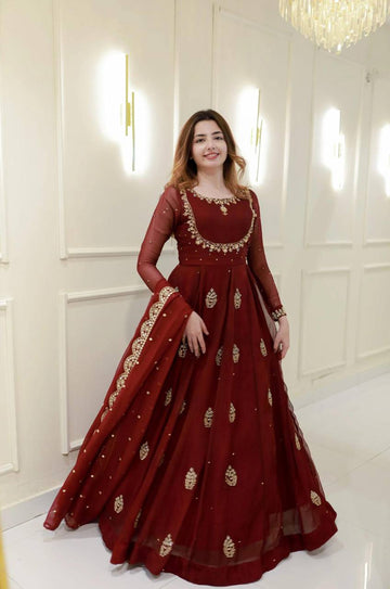 Maroon Embroidered Anarkali Gown with Dupatta  Elegant Party & Festive Wear For Women