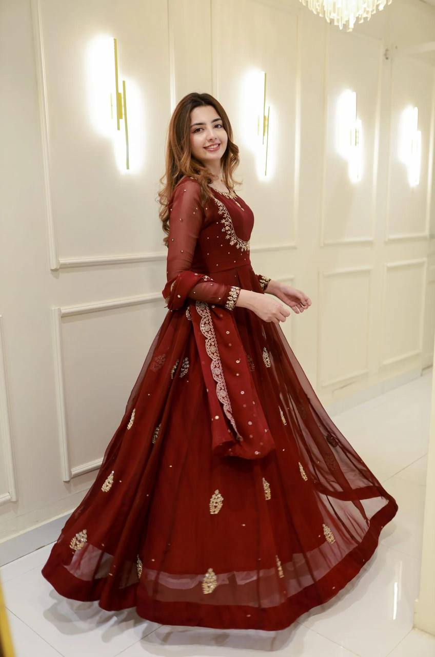 Maroon Embroidered Anarkali Gown with Dupatta  Elegant Party & Festive Wear For Women