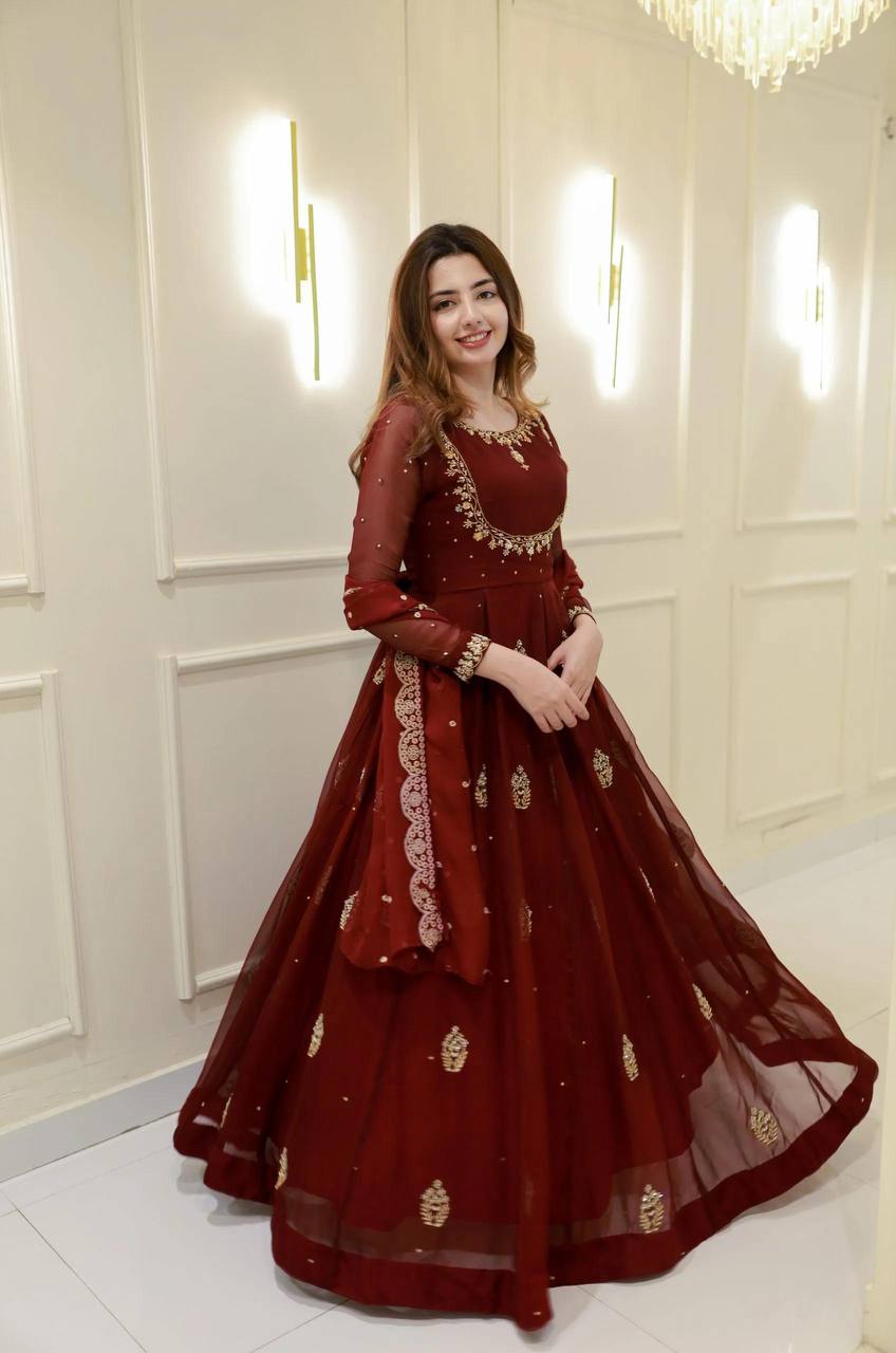 Maroon Embroidered Anarkali Gown with Dupatta  Elegant Party & Festive Wear For Women