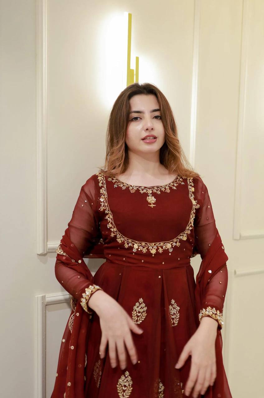 Maroon Embroidered Anarkali Gown with Dupatta  Elegant Party & Festive Wear For Women