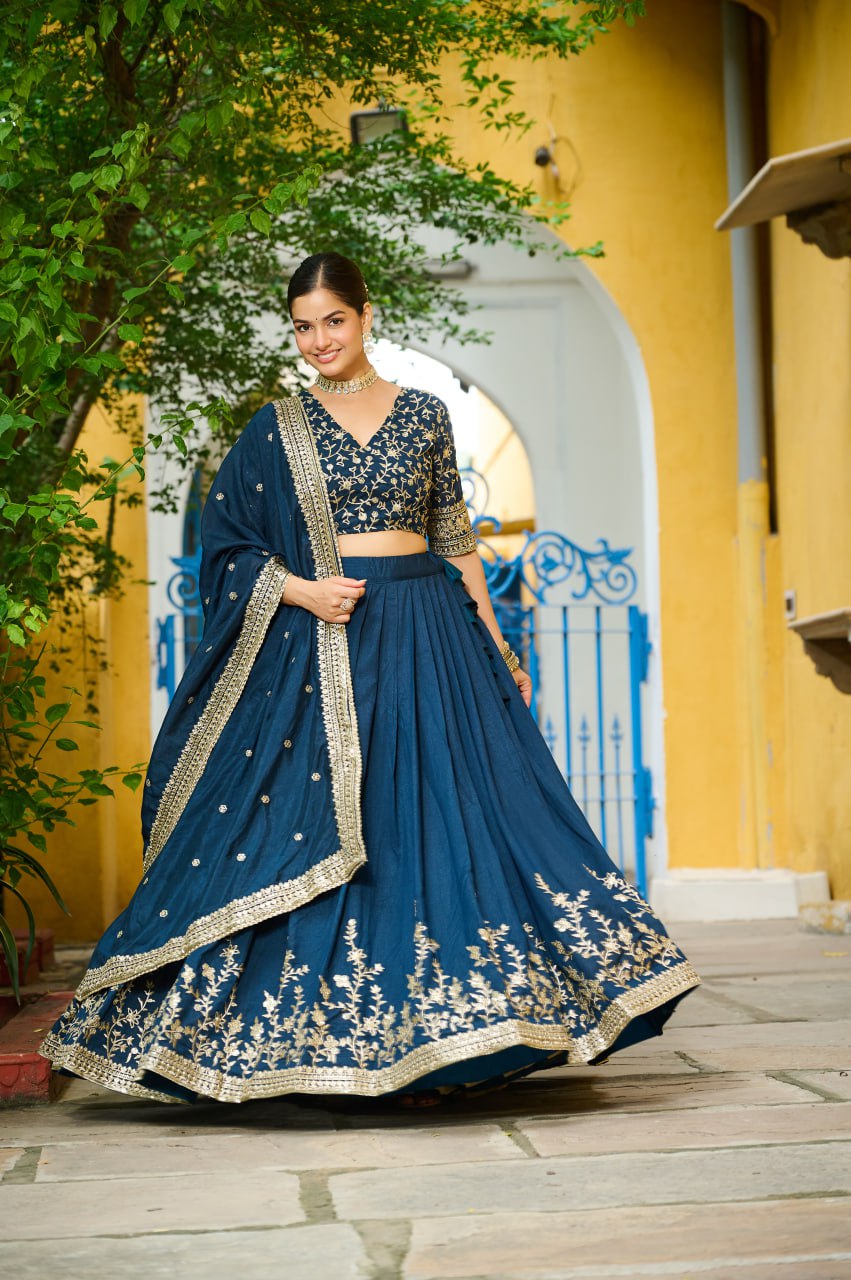 Royal Navy Blue Embroidered Silk Lehenga Choli with Dupatta Elegant Party & Wedding Wear