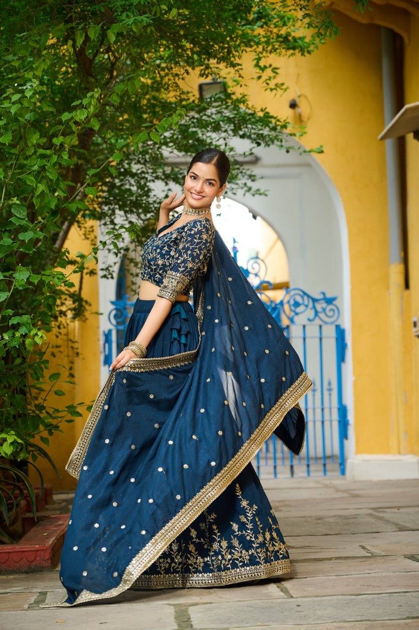 Royal Navy Blue Embroidered Silk Lehenga Choli with Dupatta Elegant Party & Wedding Wear