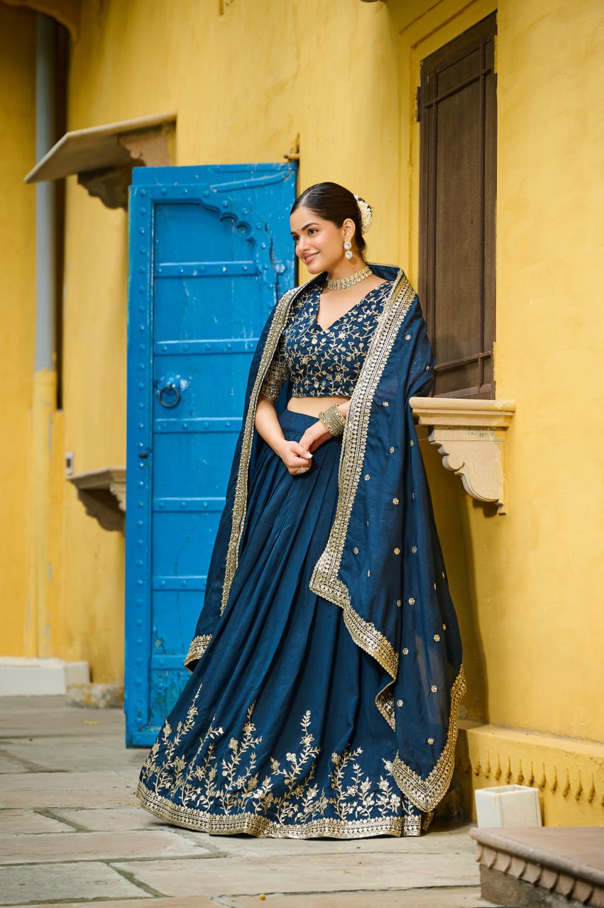 Royal Navy Blue Embroidered Silk Lehenga Choli with Dupatta Elegant Party & Wedding Wear