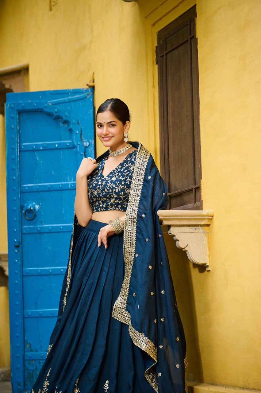 Royal Navy Blue Embroidered Silk Lehenga Choli with Dupatta Elegant Party & Wedding Wear