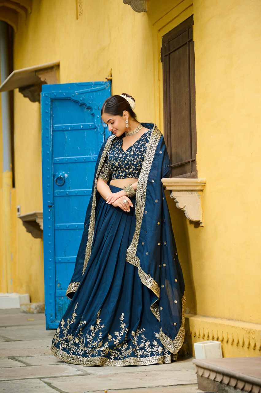 Royal Navy Blue Embroidered Silk Lehenga Choli with Dupatta Elegant Party & Wedding Wear