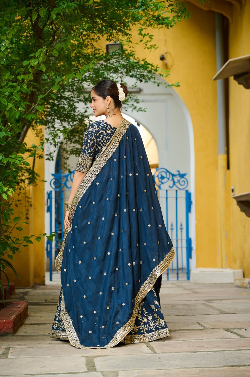 Royal Navy Blue Embroidered Silk Lehenga Choli with Dupatta Elegant Party & Wedding Wear