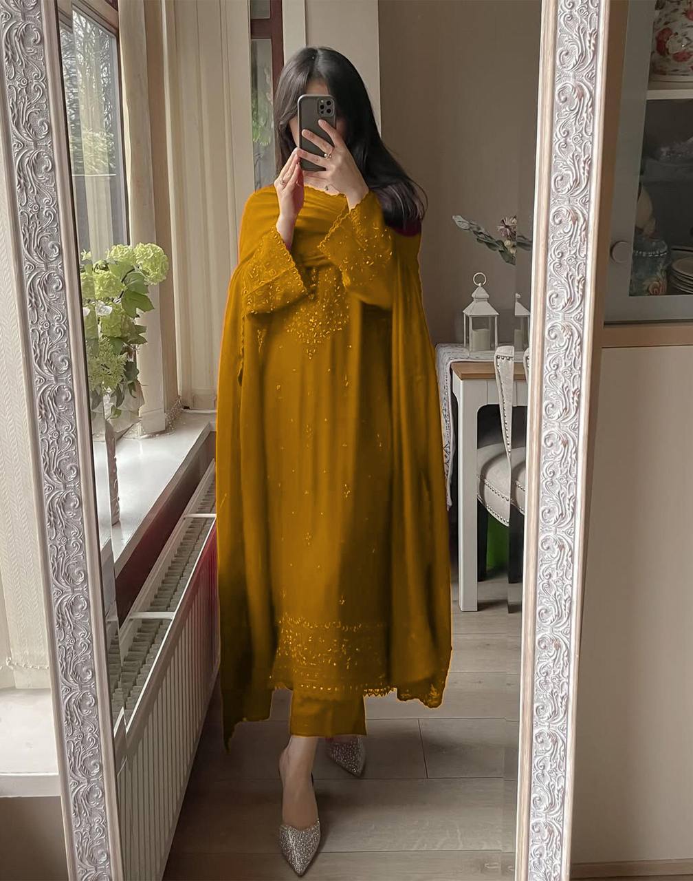 Festive Ready Maroon Sequin Embroidered Suit Set for Women