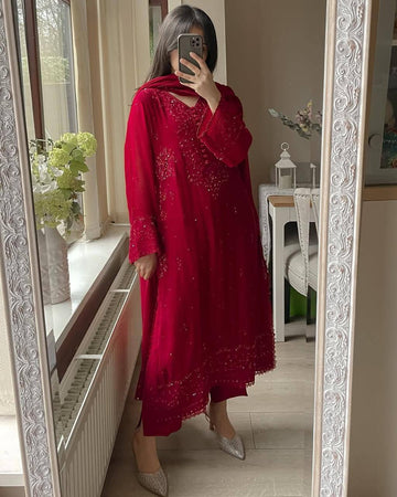 Festive Ready Maroon Sequin Embroidered Suit Set for Women