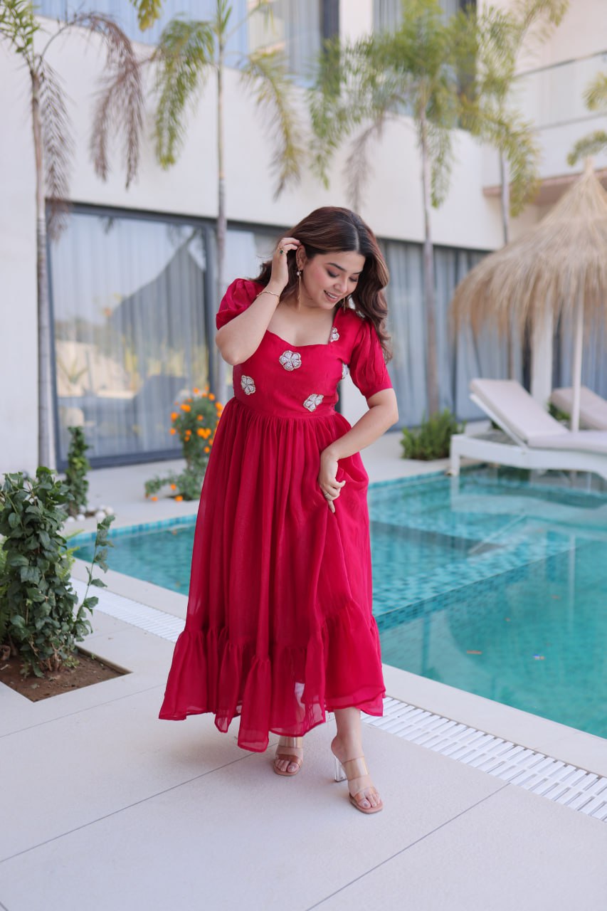 Midnight Plum Embroidered Maxi Dress with Puff Sleeves