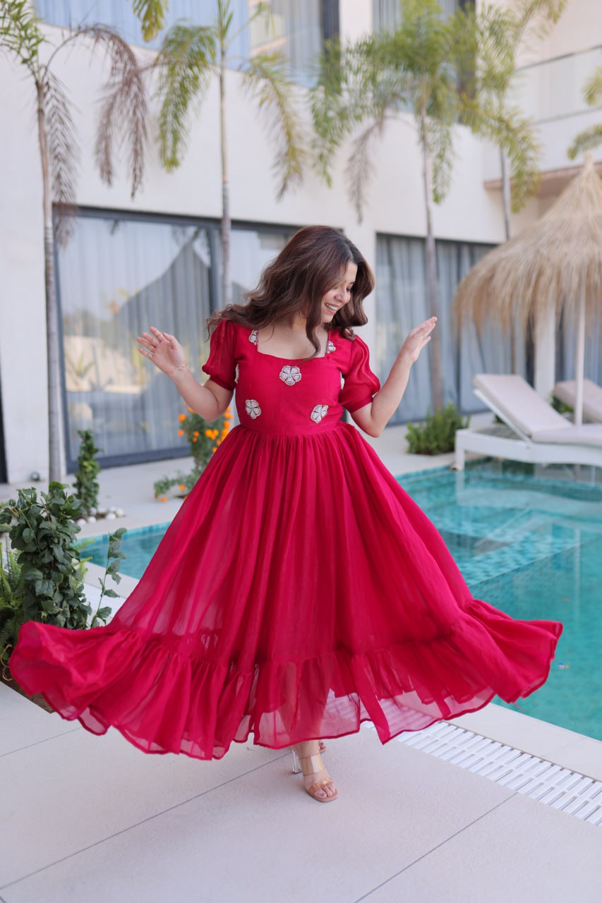 Midnight Plum Embroidered Maxi Dress with Puff Sleeves