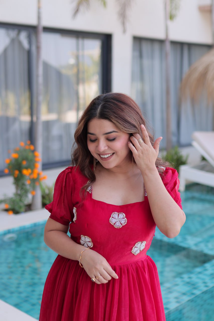 Midnight Plum Embroidered Maxi Dress with Puff Sleeves