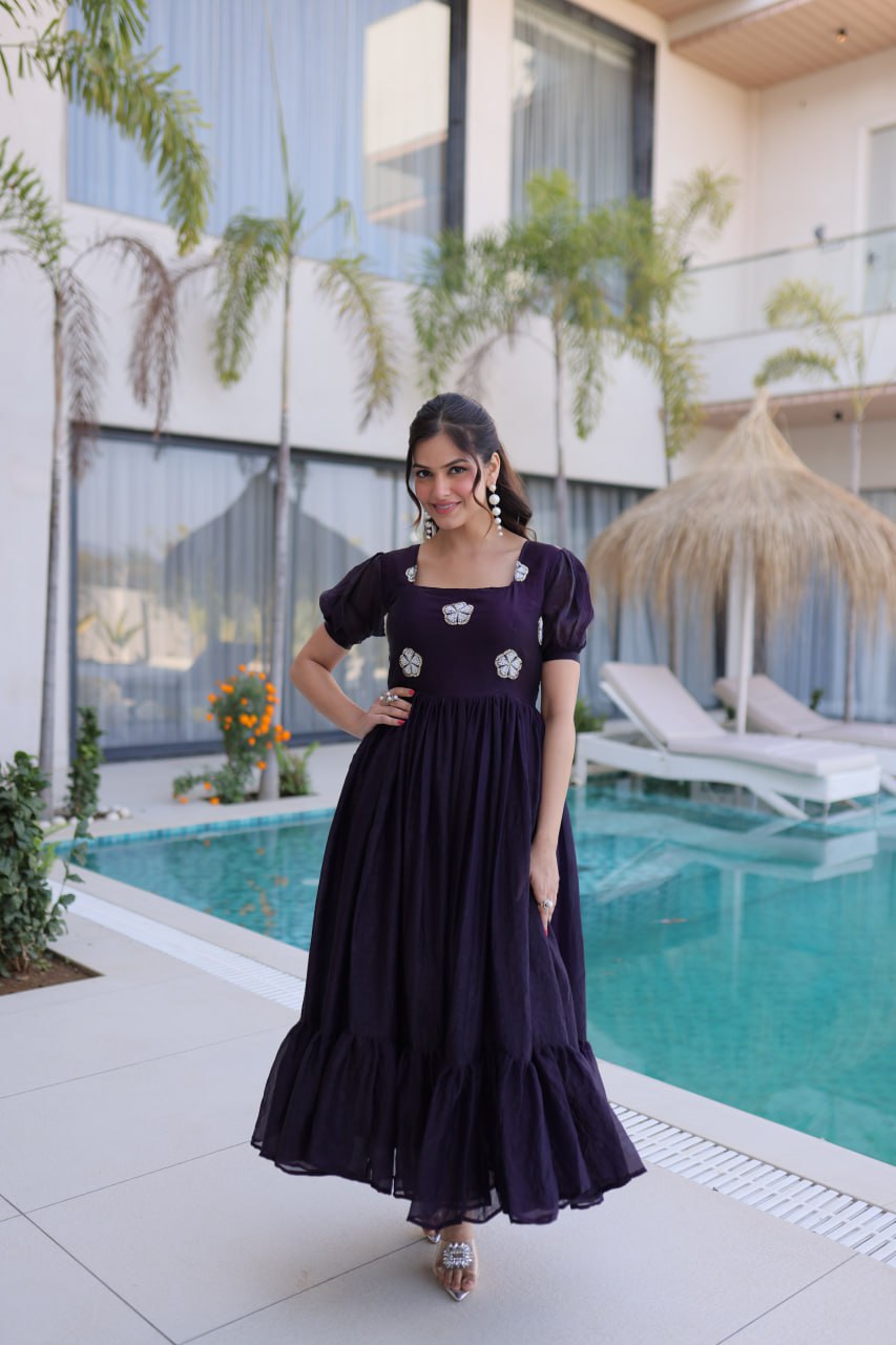 Midnight Plum Embroidered Maxi Dress with Puff Sleeves