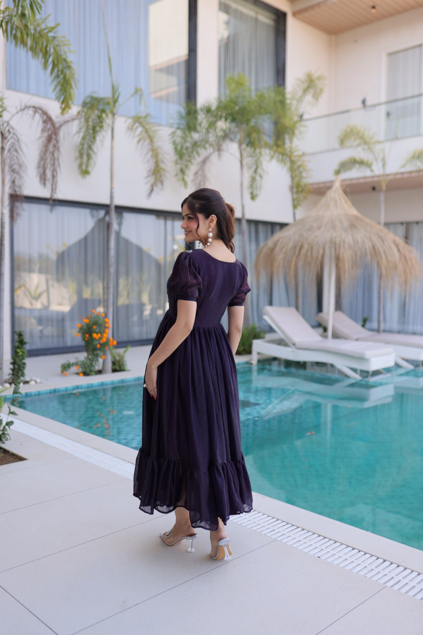 Midnight Plum Embroidered Maxi Dress with Puff Sleeves