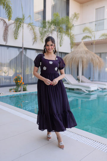 Midnight Plum Embroidered Maxi Dress with Puff Sleeves
