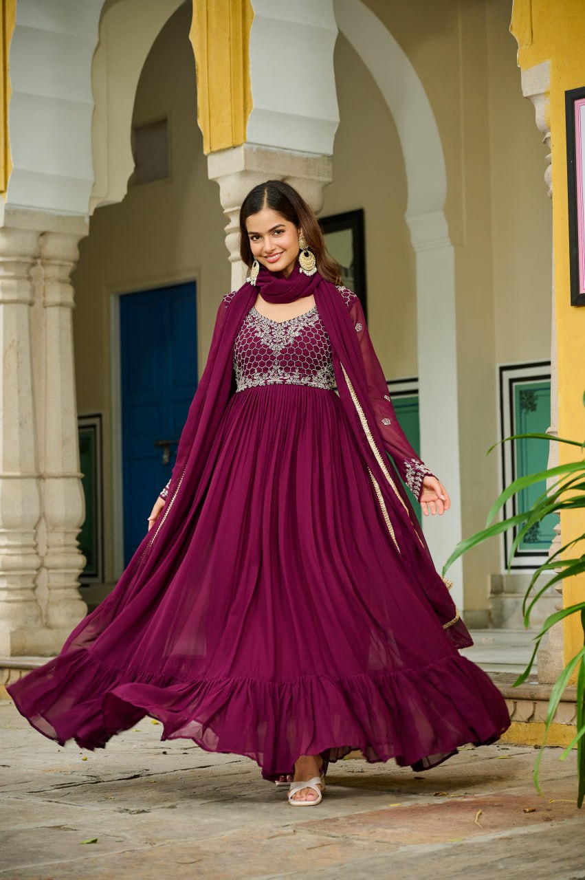 Plum Purple Embroidered Georgette Anarkali Suit with Dupatta Elegant Festive & Wedding Wear
