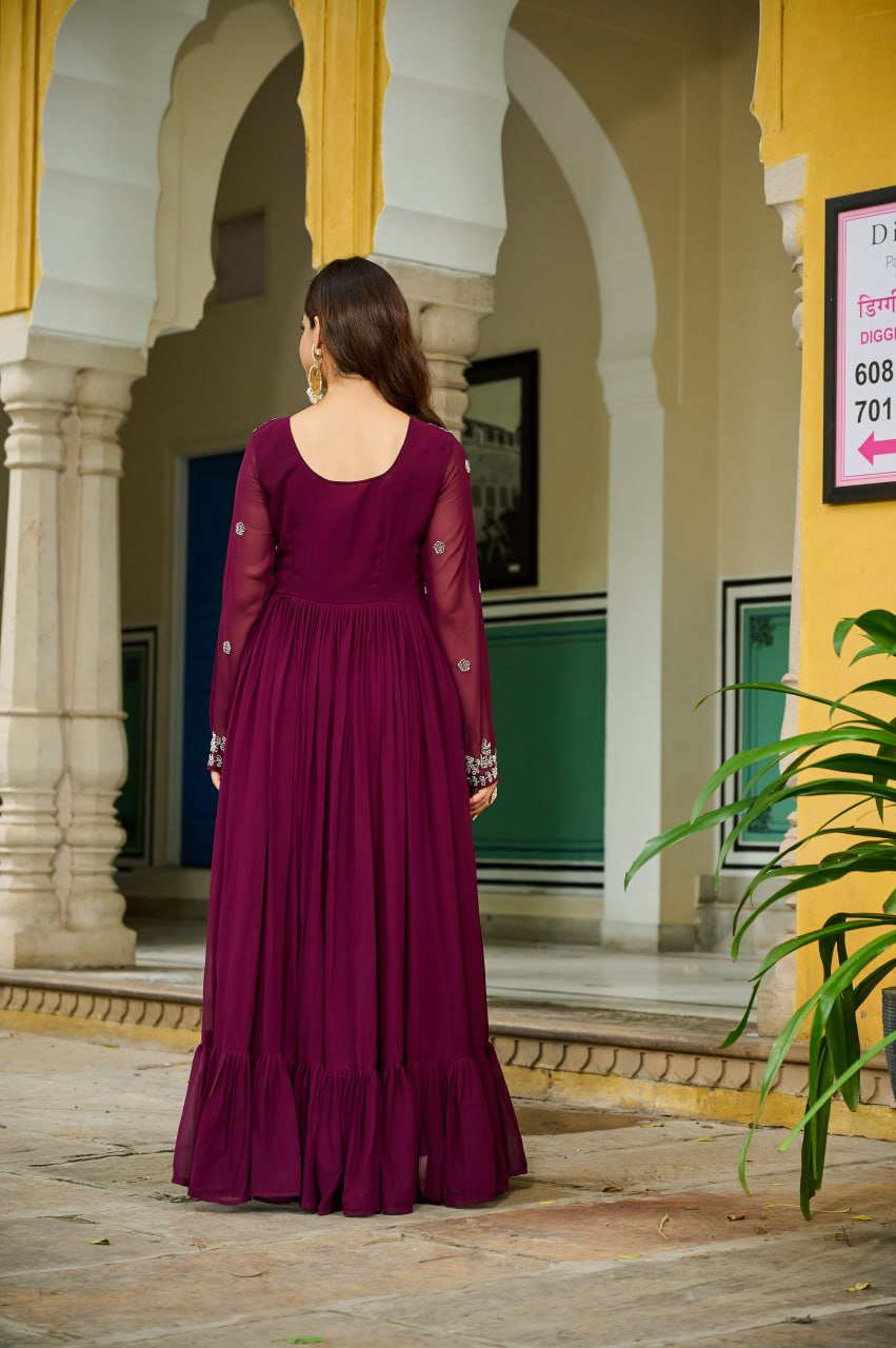 Plum Purple Embroidered Georgette Anarkali Suit with Dupatta Elegant Festive & Wedding Wear