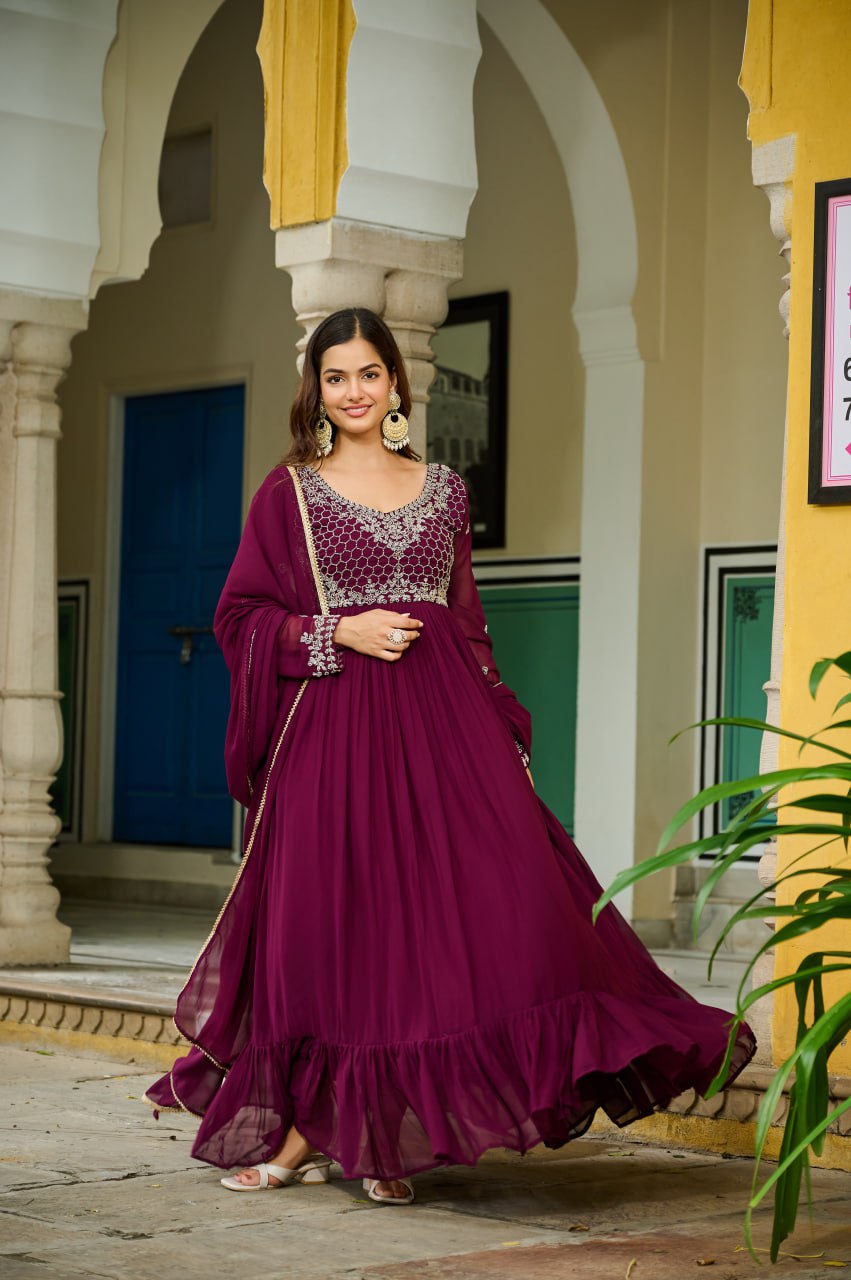 Plum Purple Embroidered Georgette Anarkali Suit with Dupatta Elegant Festive & Wedding Wear