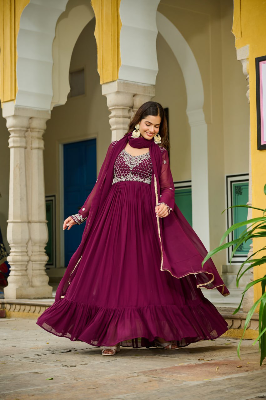 Plum Purple Embroidered Georgette Anarkali Suit with Dupatta Elegant Festive & Wedding Wear