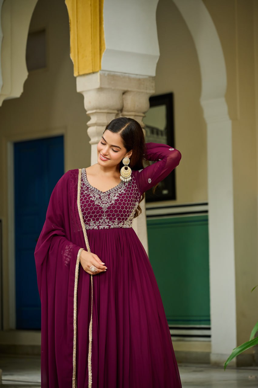 Plum Purple Embroidered Georgette Anarkali Suit with Dupatta Elegant Festive & Wedding Wear