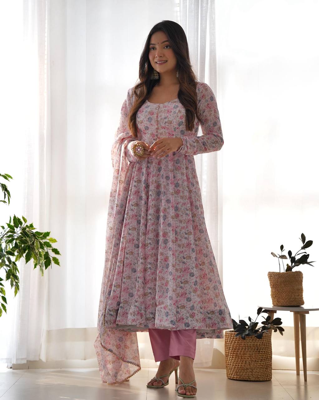 Impressive Pink Chiffon Floral Printed Casual Wear Anarkali Suit